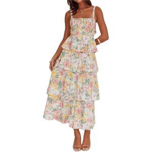 Womens Floral Print Maxi Dresses Tiered Ruffles Long Dress Spaghetti